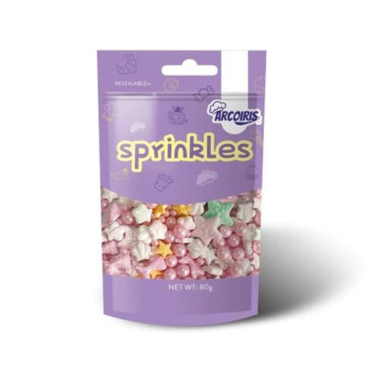 Purple package of Arcoiris sprinkles with colorful sealife shapes on a white background