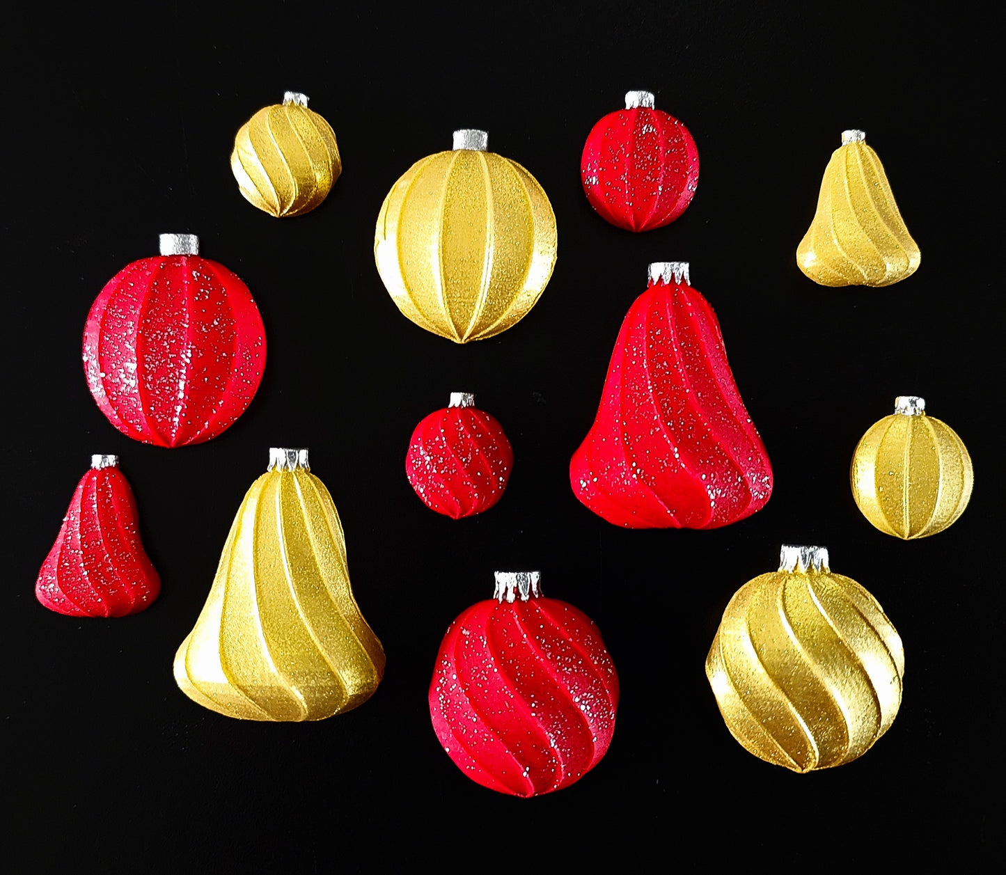Twelve red and gold Christmas baubles, edible fondant icing decorations by Cake Candy NZ