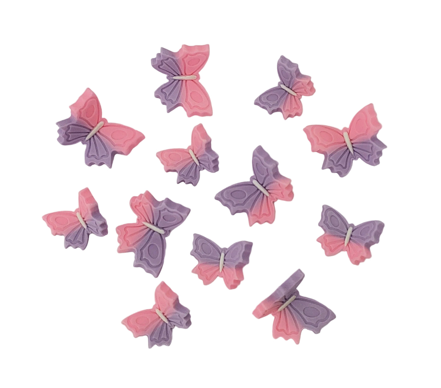 Twelve pink and purple ombre butterflies. Edible fondant icing decorations by Cake Candy NZ.