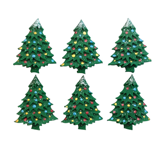 Set of six green Christmas tree-shaped cake decorations with colorful lights.
