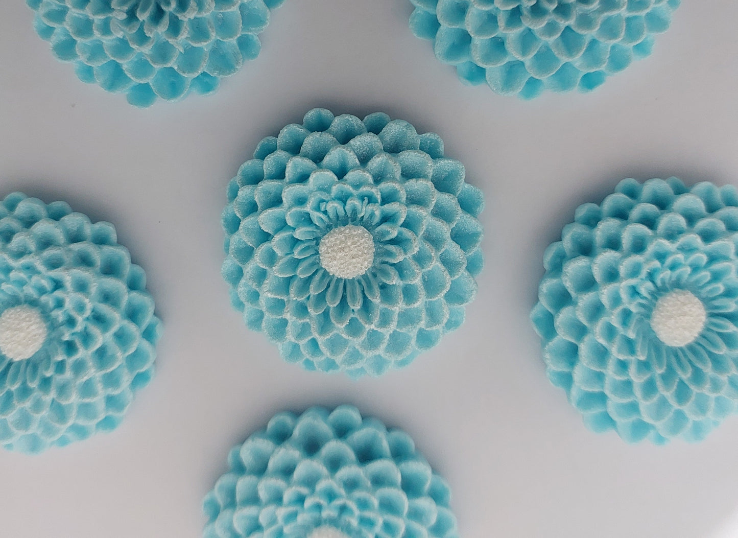 six blue dahlias, edible fondant icing decorations by Cake Candy NZ