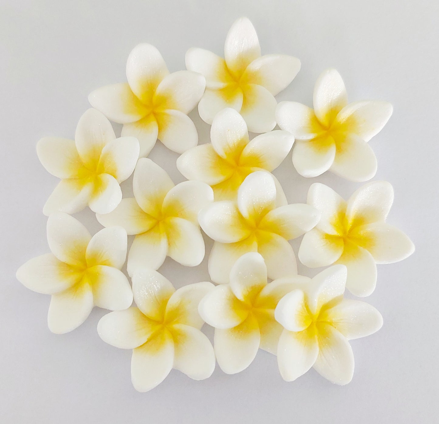 12 white frangipani / plumeria flowers. Edible fondant icing decorations by Cake Candy NZ