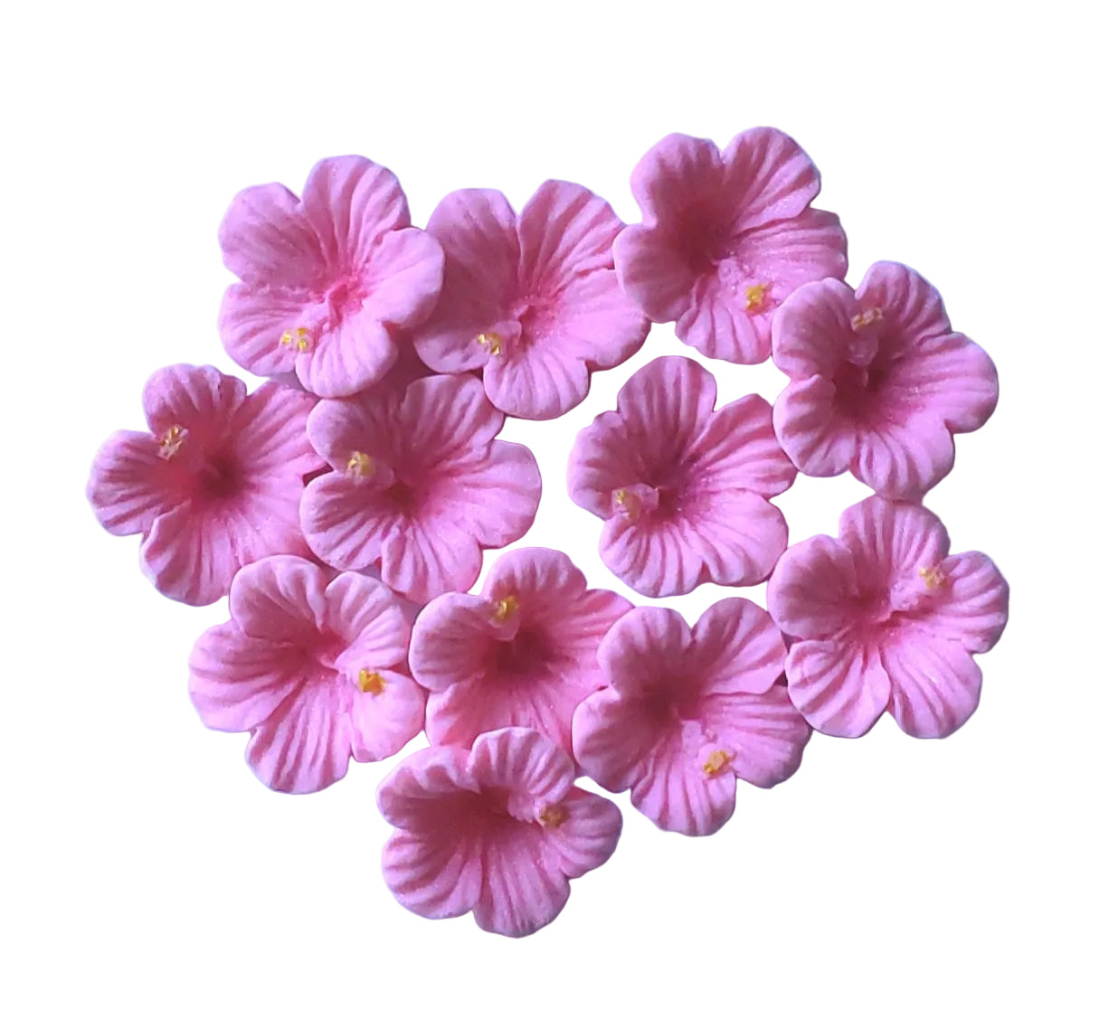 twelve small pink hibiscus flowers, edible fondant icing decorations by Cake Candy NZ