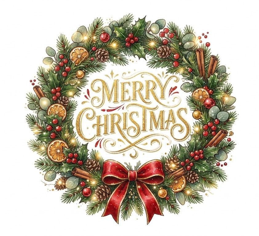 Traditional Christmas Wreath with Merry Christmas writing inside. Edible image buy Cake Candy NZ