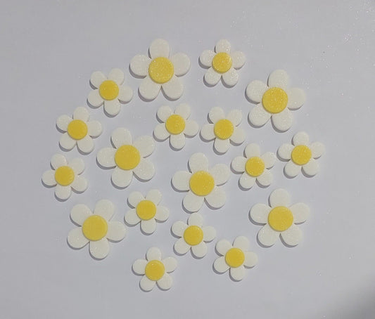 eighteen white and yellow fantasy blossoms, edible fondant icing decorations by Cake Candy NZ