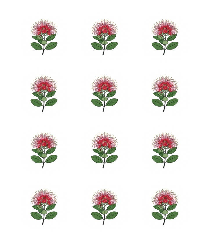 12 pohutikawa flowers on a white background. Edible icing images by Cake Candy NZ
