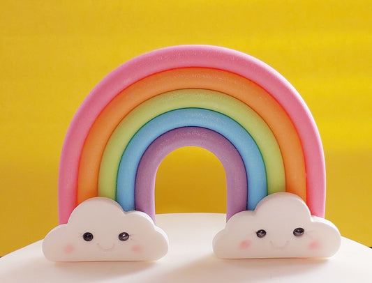 Colouful rainbow with smiling clouds, fondant icing decoration by Cake Candy NZ