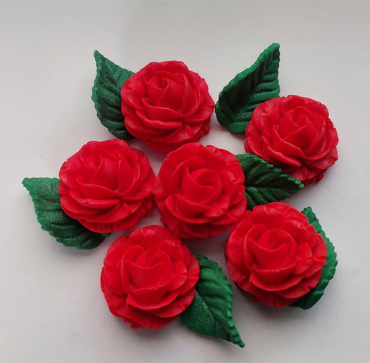 Red roses and leaves, edible fondant icing decorations by Cake Candy NZ
