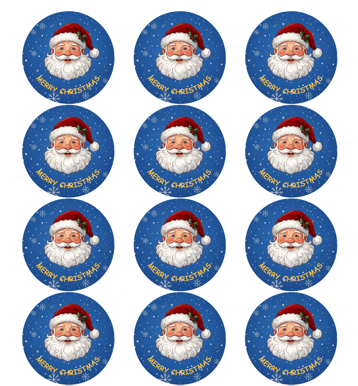 12 round images of Santa with Merry Christmas writing and snow scene. Edible image toppers by Cake Candy NZ