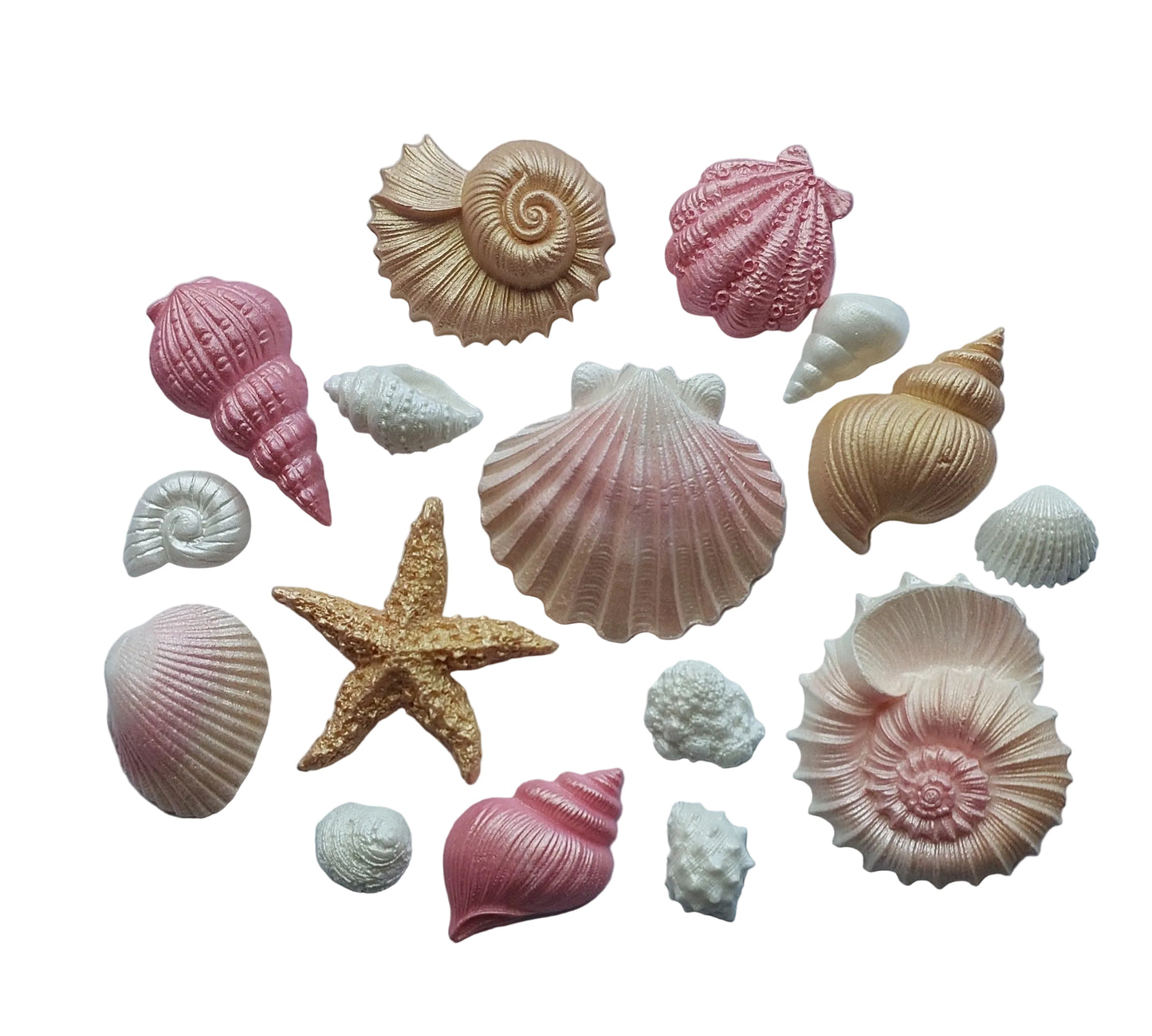 Collection of pretty seashells and a starfish in rose gold, white and pink colours. Edible fondant icing decorations by Cake Candy NZ