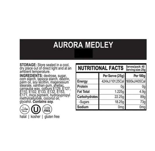 Nutritional facts label for Aurora Sprinkle Medley by Sprink'd