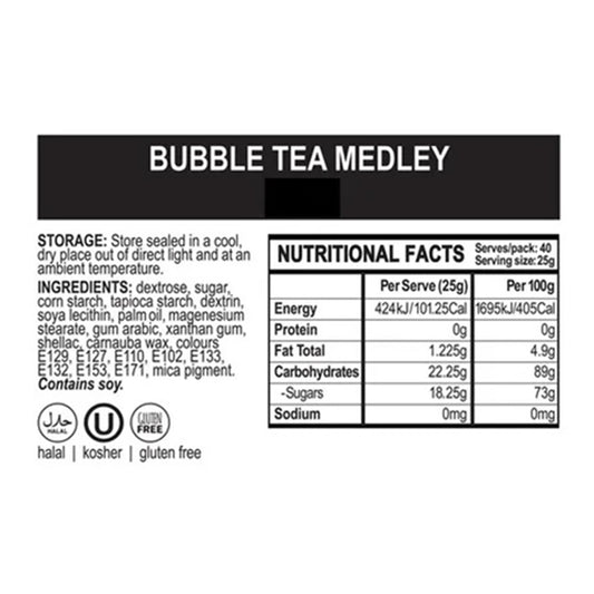 Nutritional facts label for bubble tea sprinkle medley on a white background