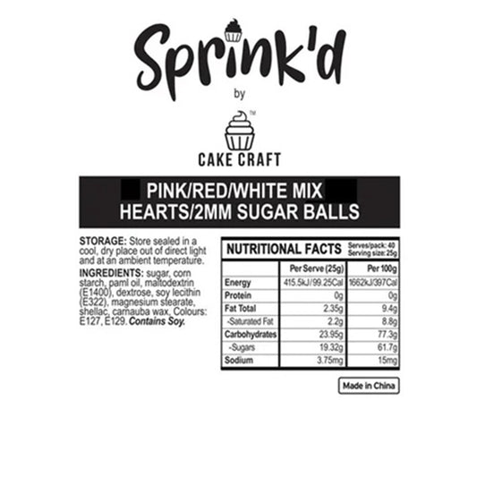 Sprink'd by Cake Craft product label for hearts sprinkle mix with nutritional facts and ingredients