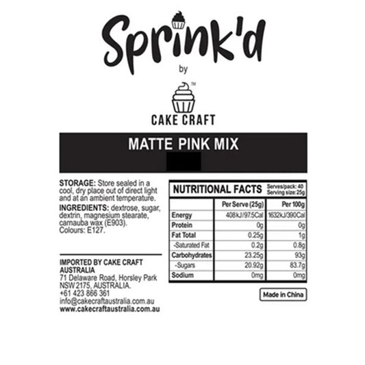 Label for Sprink'd by Cake Craft Matte Pink Mix with storage, ingredient, and nutritional information.