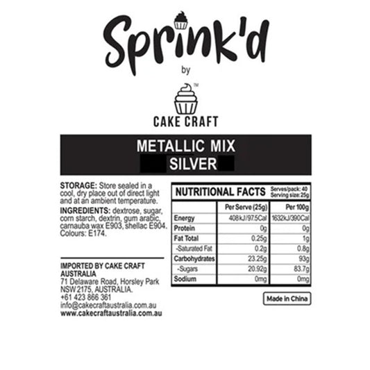 Label for Sprink'd by Cake Craft Metallic Mix Silver with nutritional facts and ingredients.