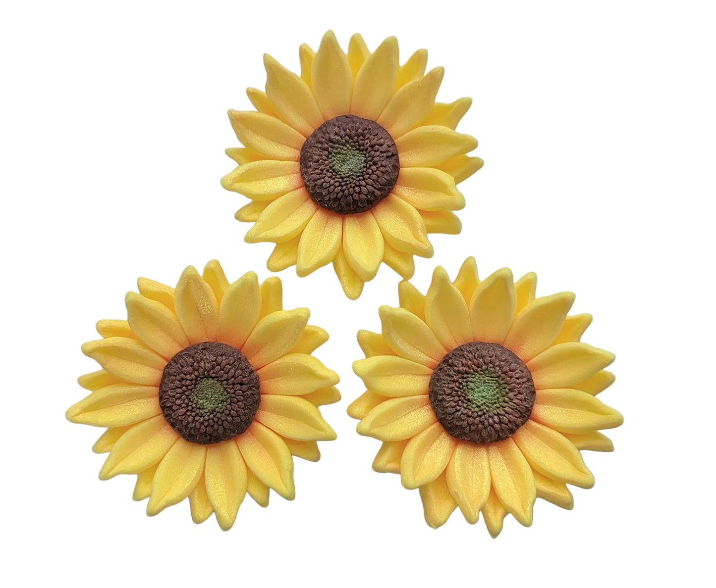 three yellow sunflowers, edible fondant icing decorations by Cake Candy NZ