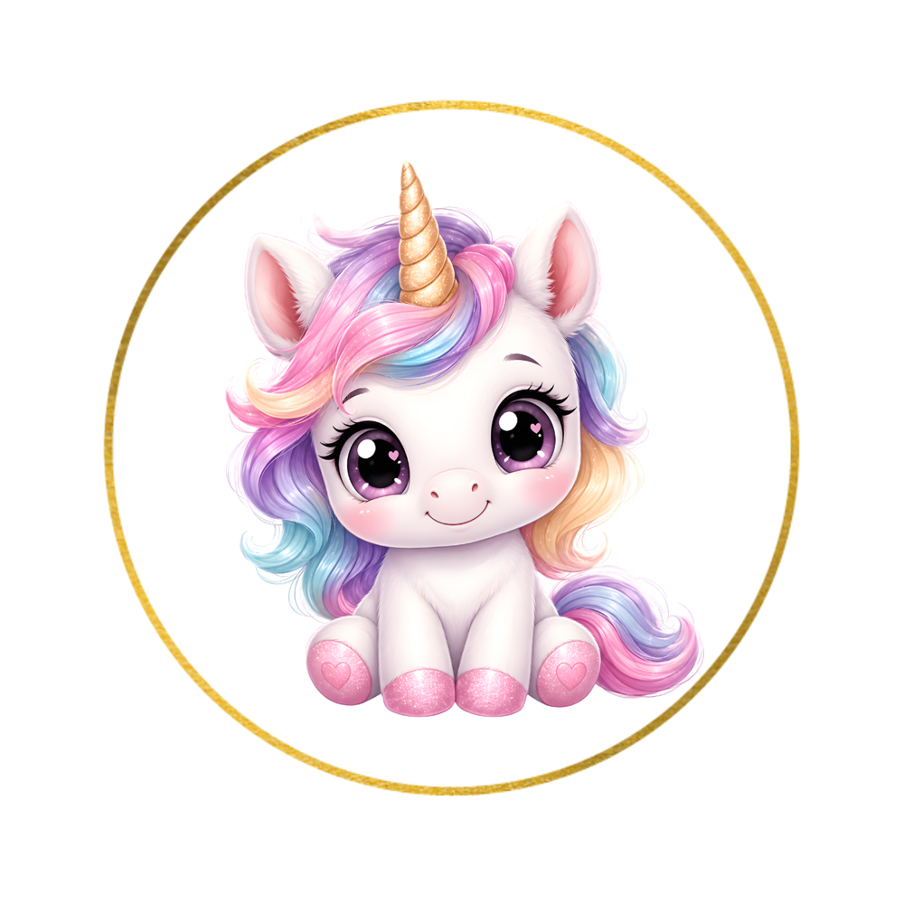 Cute sitting unicorn with white background and gold frame. Edible icing image by Cake Candy NZ