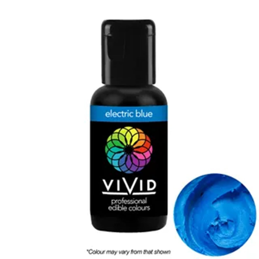 Bottle of Vivid electric blue edible color with a sample application on a white background