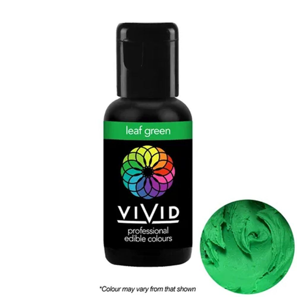 Vivid leaf green edible colorant bottle with a close-up of green color on a white background