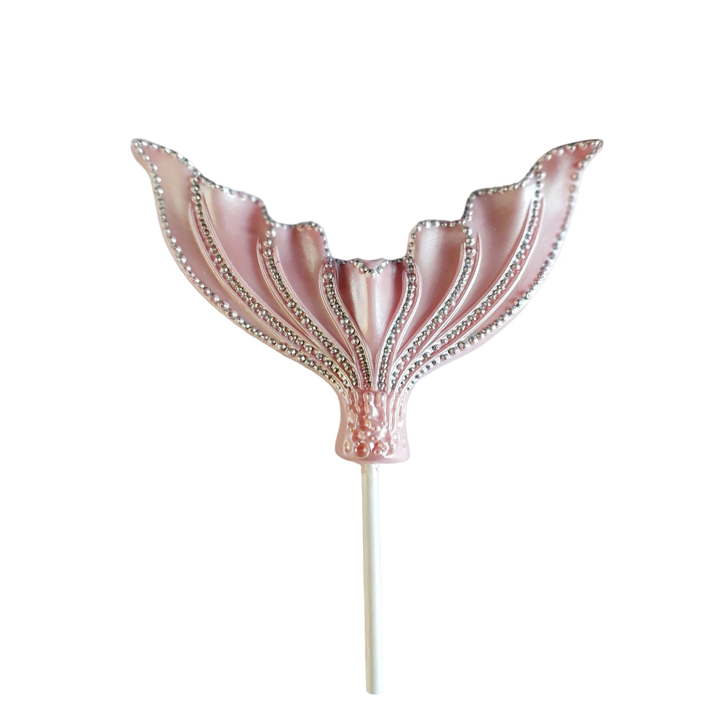 Wide mermaid tail in pale pink colour with silver accents, edible chocolate decoration by Cake Candy NZ