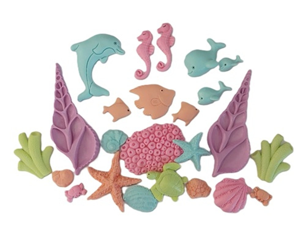 A colourful collection of sealife animals and shells, Edible fondant icing decorations by Cake Candy NZ