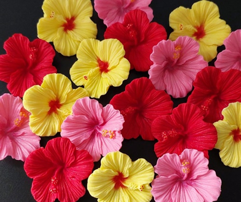 Tropical hibiscus flowers in red, yellow and pink colours, Edible fondant decorations by Cake Candy NZ