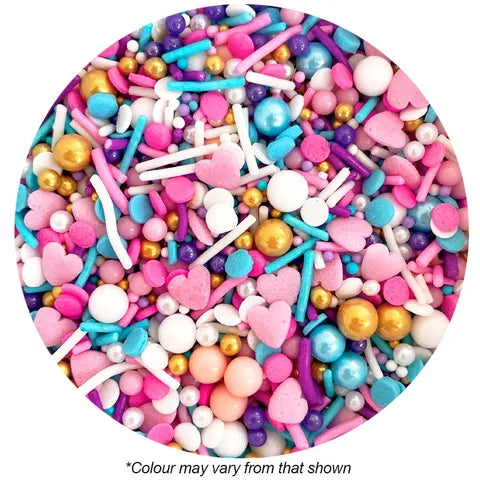 Colourful edible cake sprinkles featuring hearts, sequens and pearls in pinks, blues and gold