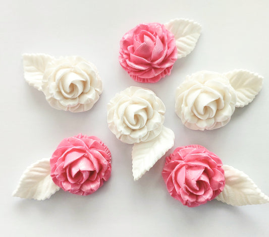Pink and white roses and leaves. Edible fondant icing cake decorations / topper.
