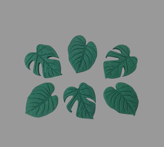 set of six tropical monstera leaves, edible fondant icing cake decorations