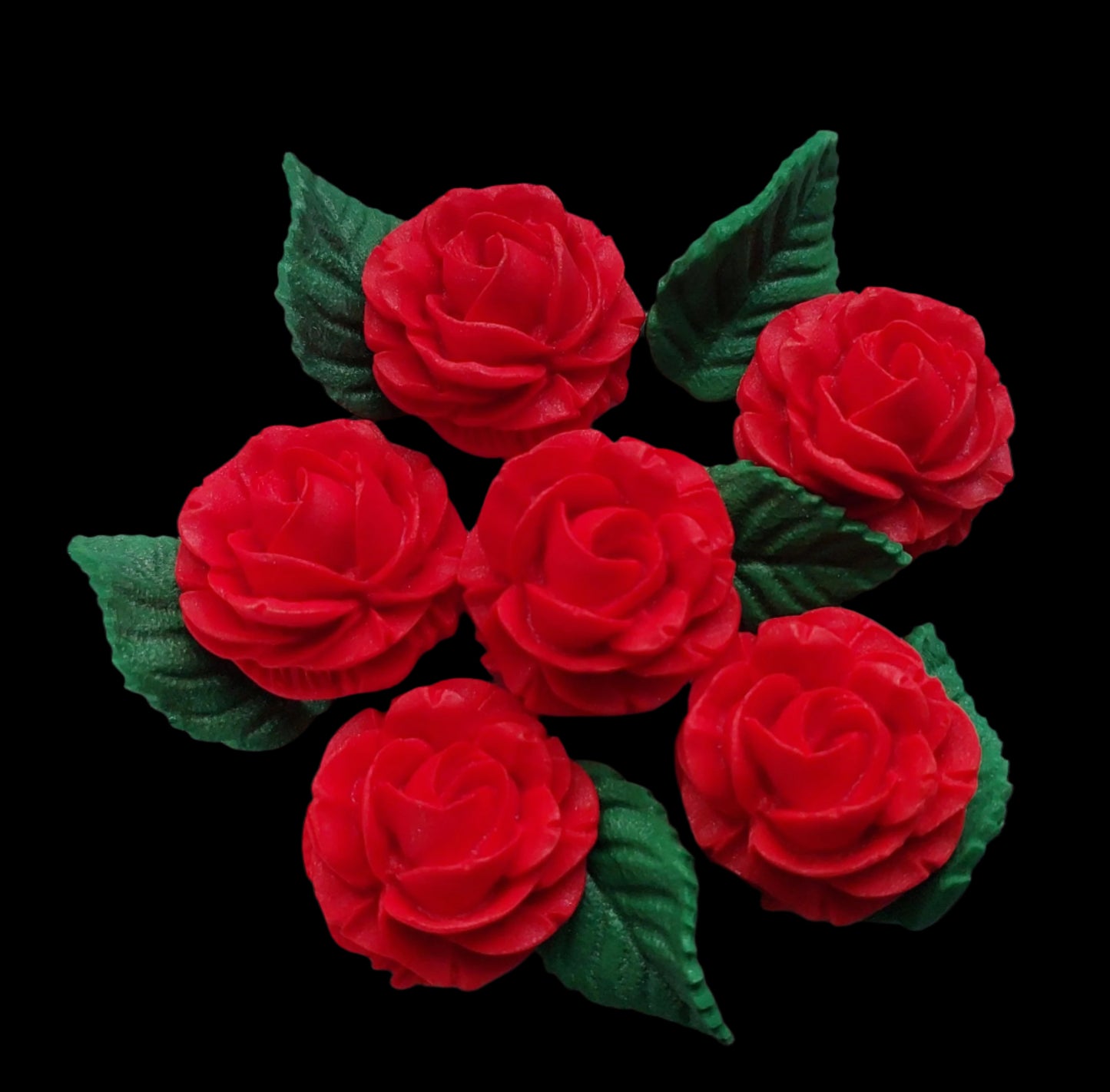 Red roses and leaves, edible fondant icing decorations by Cake Candy NZ