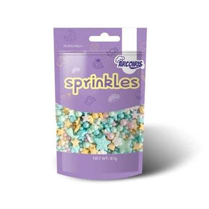 Purple package of Arcoiris sprinkles with colorful sealife shaped sprinkles on a white background