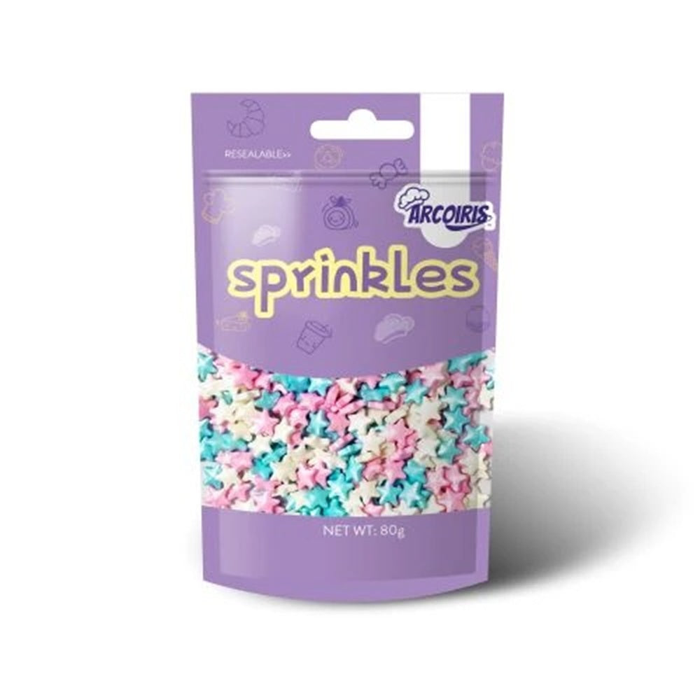 Purple package of Arcoiris sprinkles with colorful star-shaped sprinkles on a white background