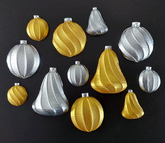 Twelve silver and gold Christmas baubles, edible fondant icing decorations by Cake Candy NZ