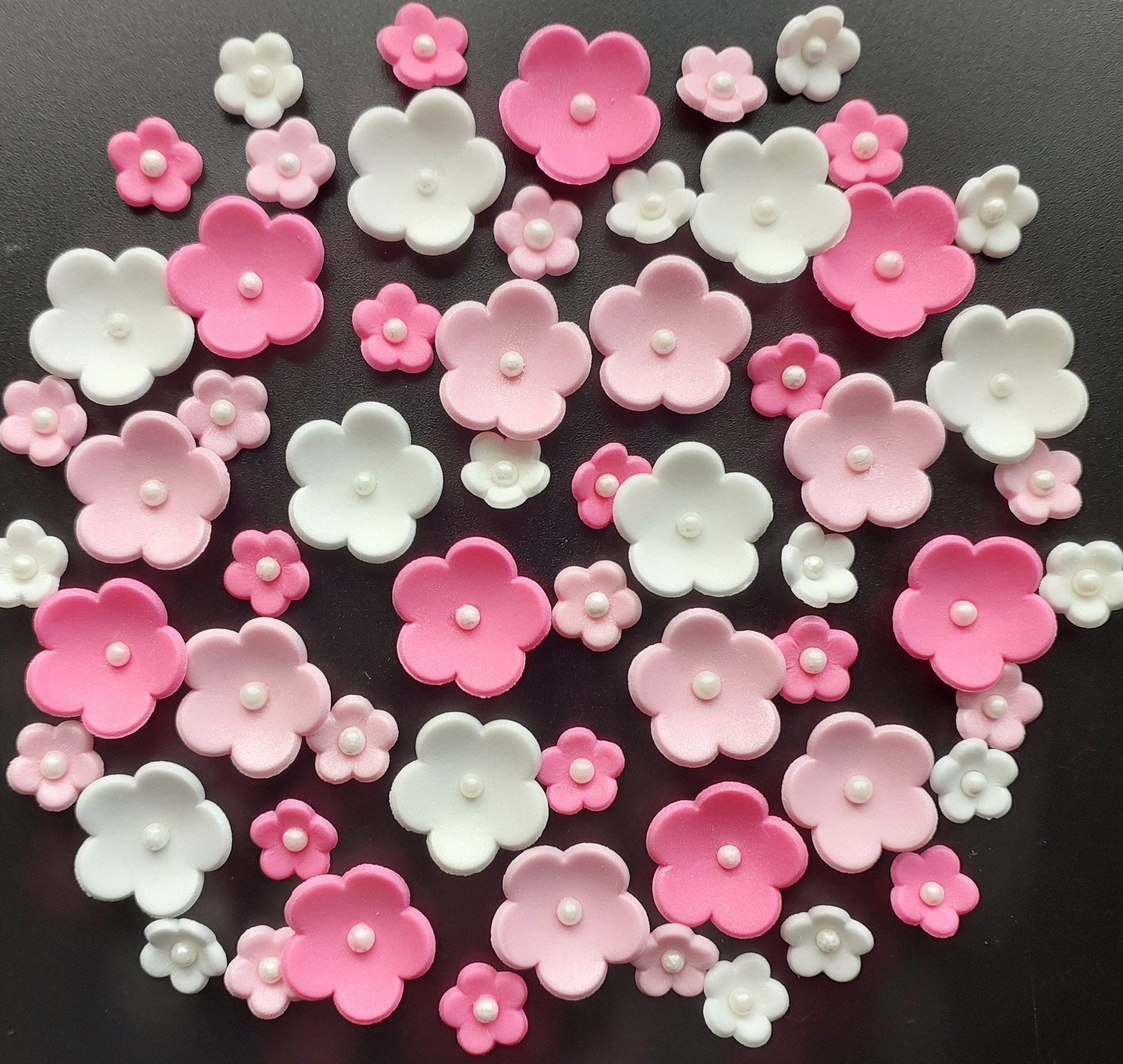 Sixty pink and white blossom flowers, edible fondant icing decorations by Cake Candy NZ