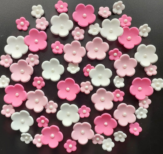 Sixty pink and white blossom flowers, edible fondant icing decorations by Cake Candy NZ
