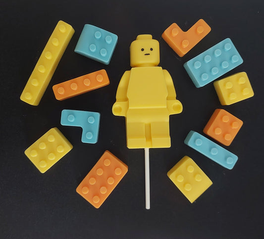 Yellow lego-shaped  topper with colorful brick pieces edible decoration by Cake Candy NZ