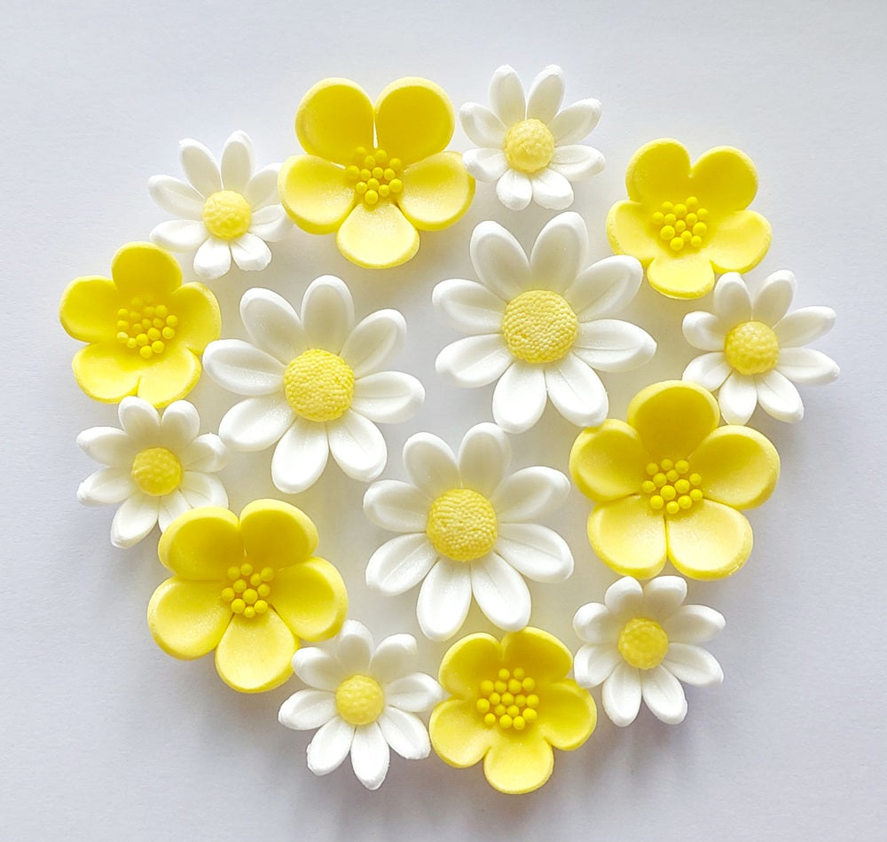 Yellow and white buttercups and daisies, edible fondant icing decorations by Cake Candy NZ