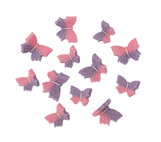 Twelve pink and purple ombre butterflies. Edible fondant icing decorations by Cake Candy NZ.