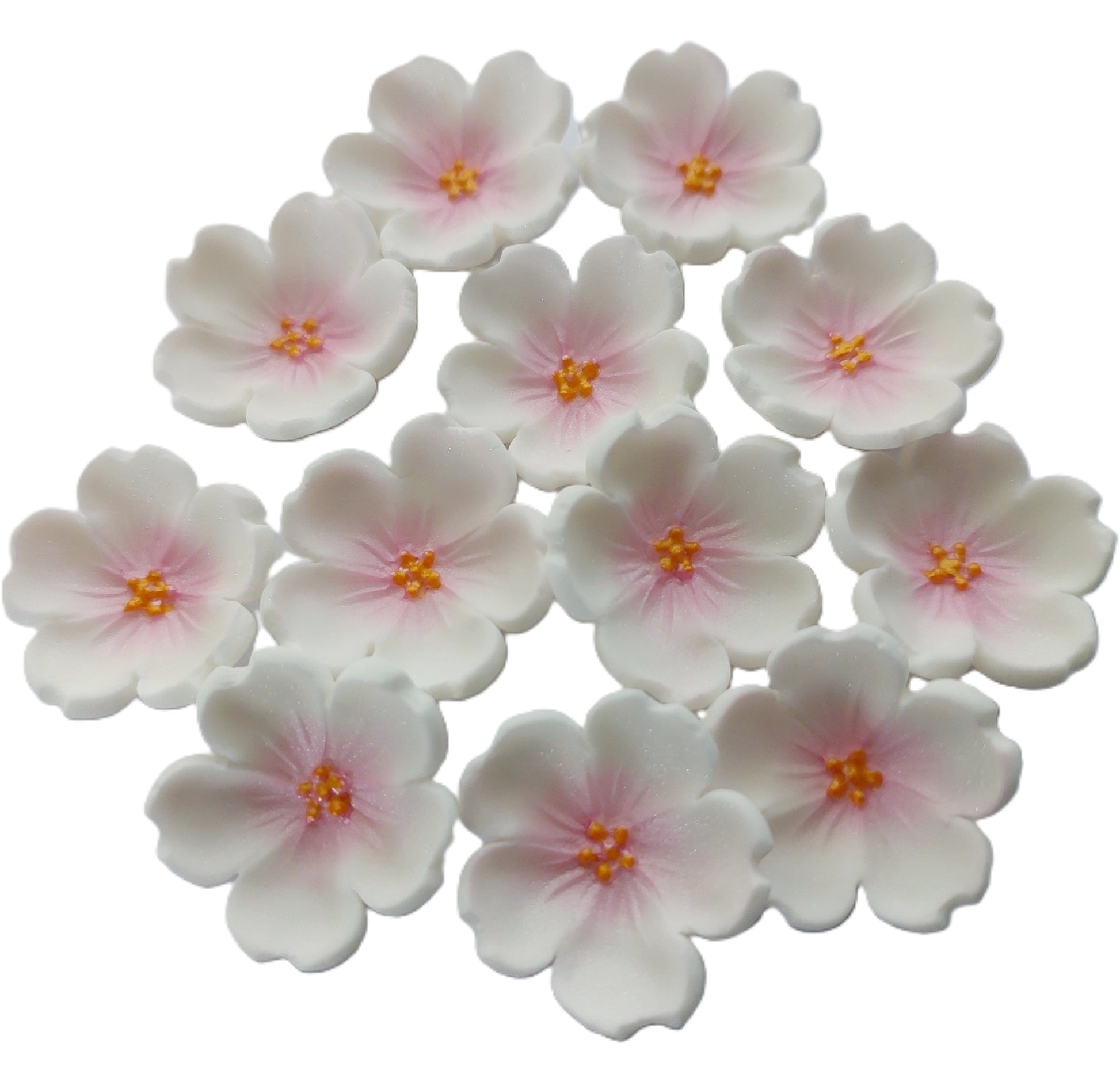 twelve white and pink cherry blossom flowers, edible fondant icing decorations by Cake Candy NZ