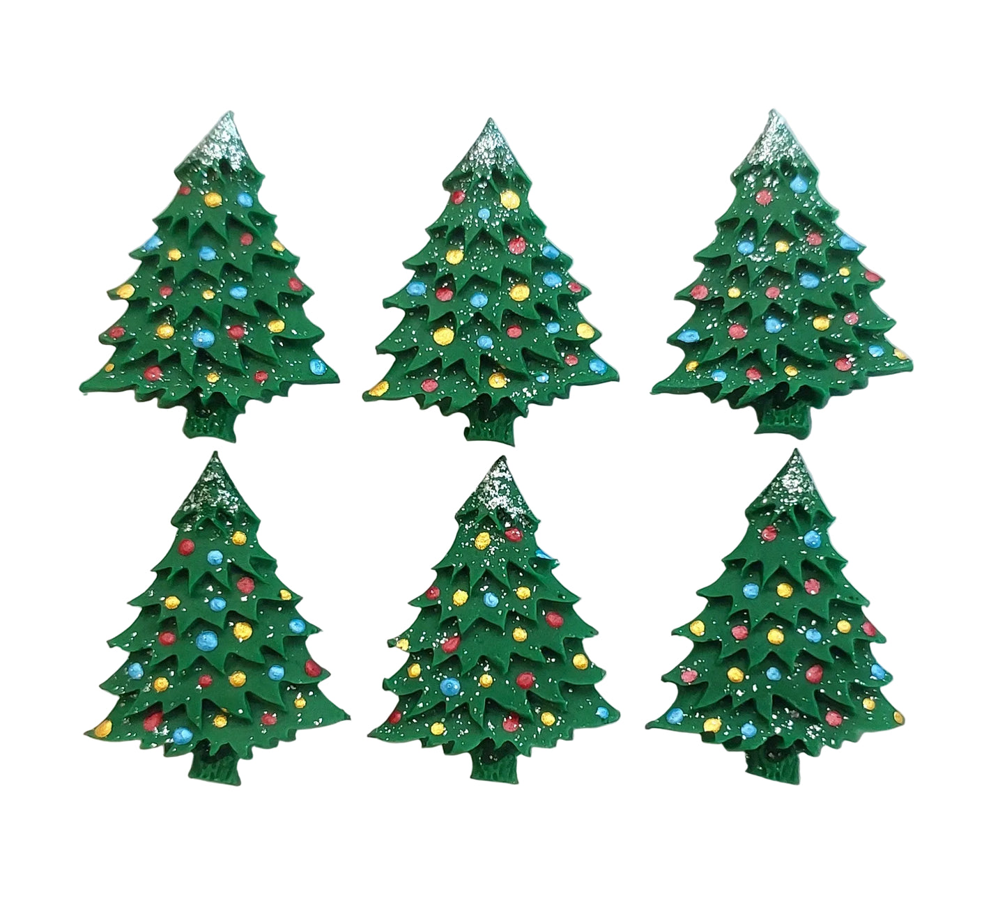 Set of six green Christmas tree-shaped cake decorations with colorful lights.