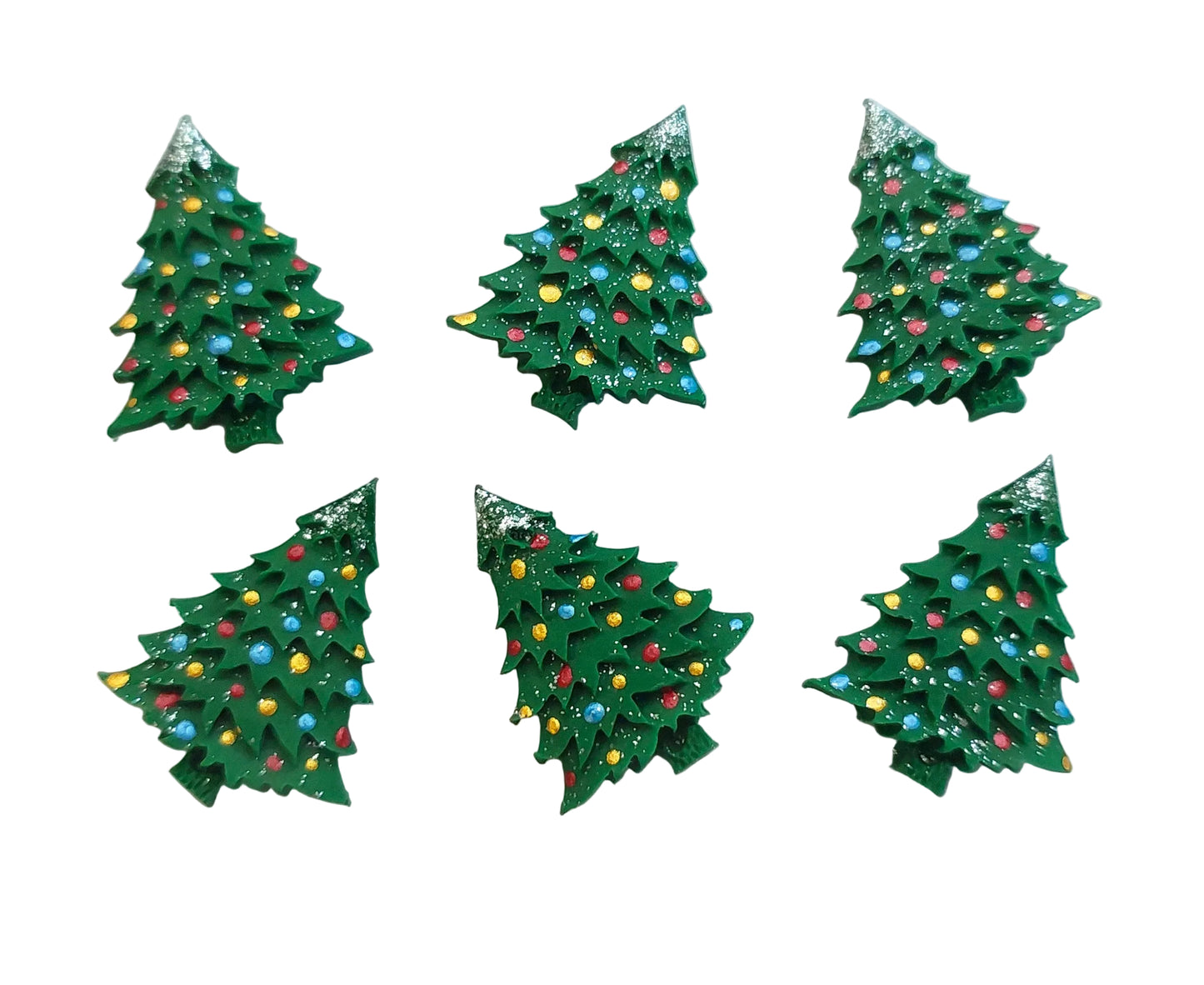 Set of six green Christmas tree-shaped cake decorations with colorful lights.