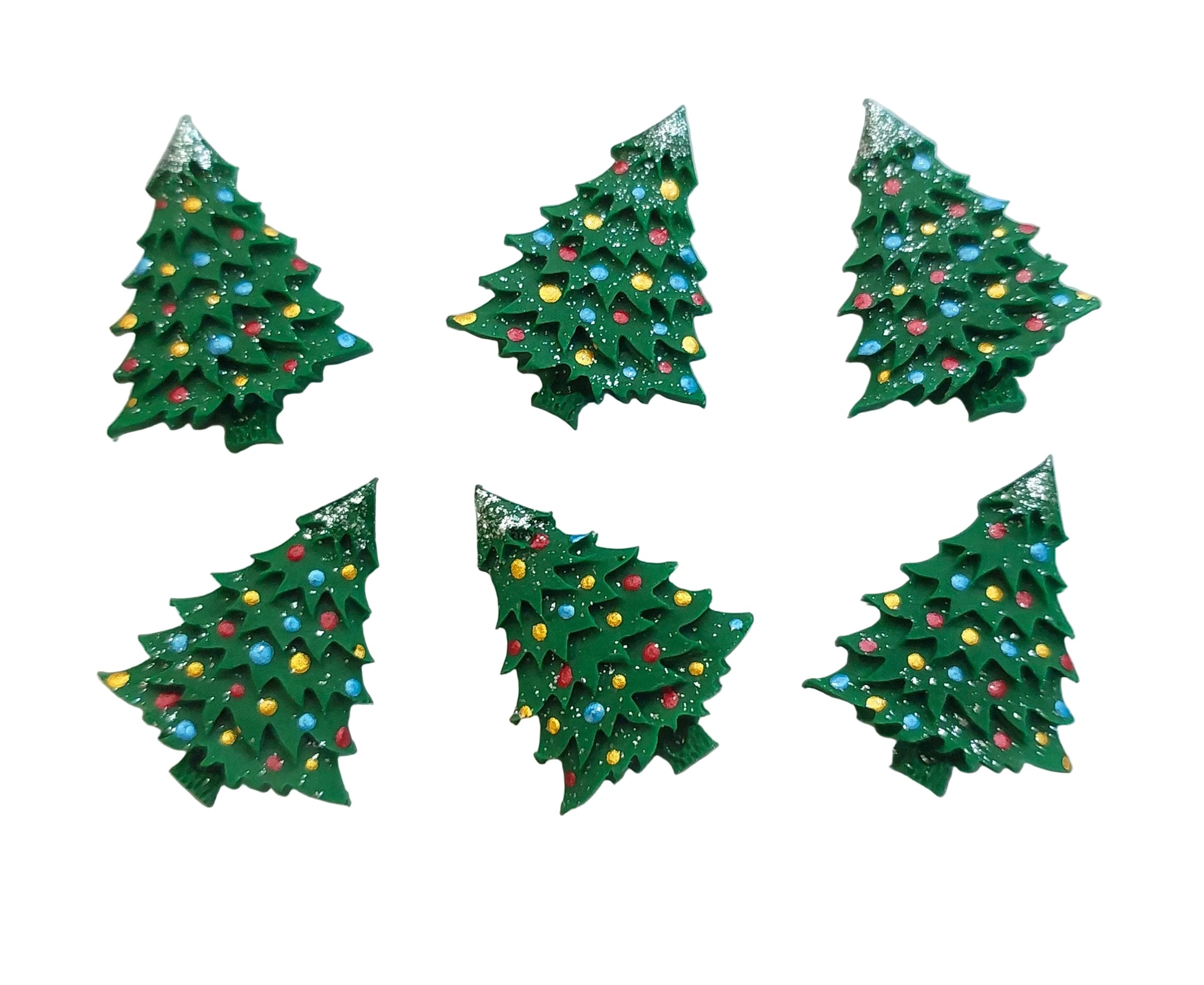 Set of six green Christmas tree-shaped cake decorations with colorful lights.