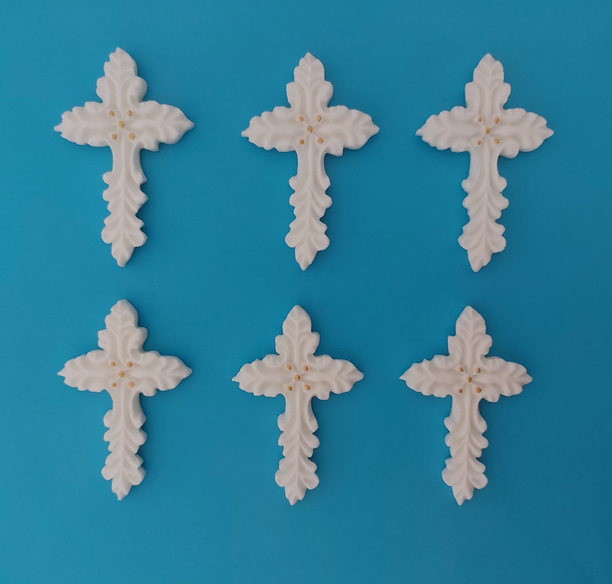 Six decorative white and gold crosses, edible fondant icing decorations by Cake Candy NZ