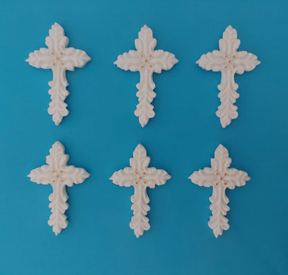 Six decorative white and gold crosses, edible fondant icing decorations by Cake Candy NZ