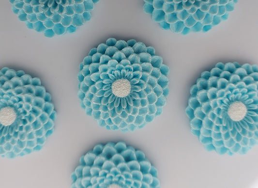 six blue dahlia flowers, edible fondant icing cake decorations