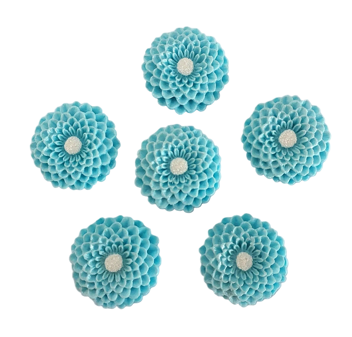 six blue dahlias, edible fondant icing decorations by Cake Candy NZ