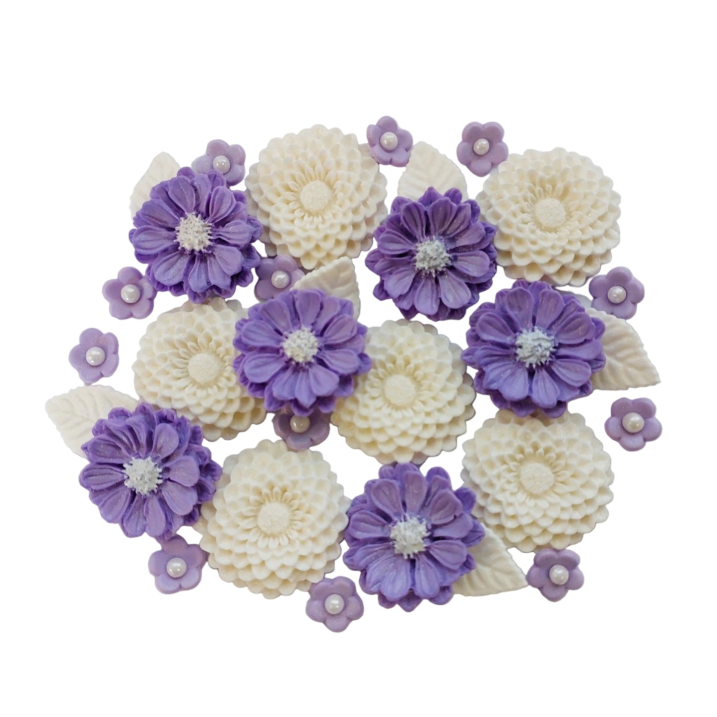 Flower arrangement featuring white dahlias and lilac daisies, edible fondant decorations by Cake Candy NZ