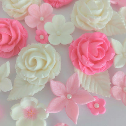 Pink and white flowers, edible fondant icing decorations by Cake Candy NZ