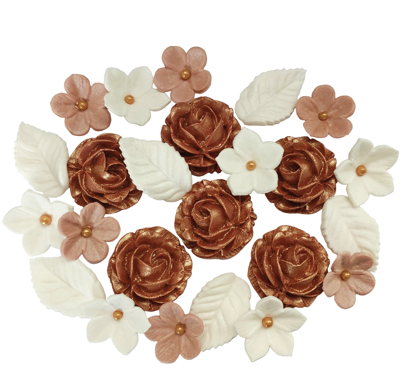Flower arrangement in bronze and white. Edible fondant icing decorations by Cake Candy NZ