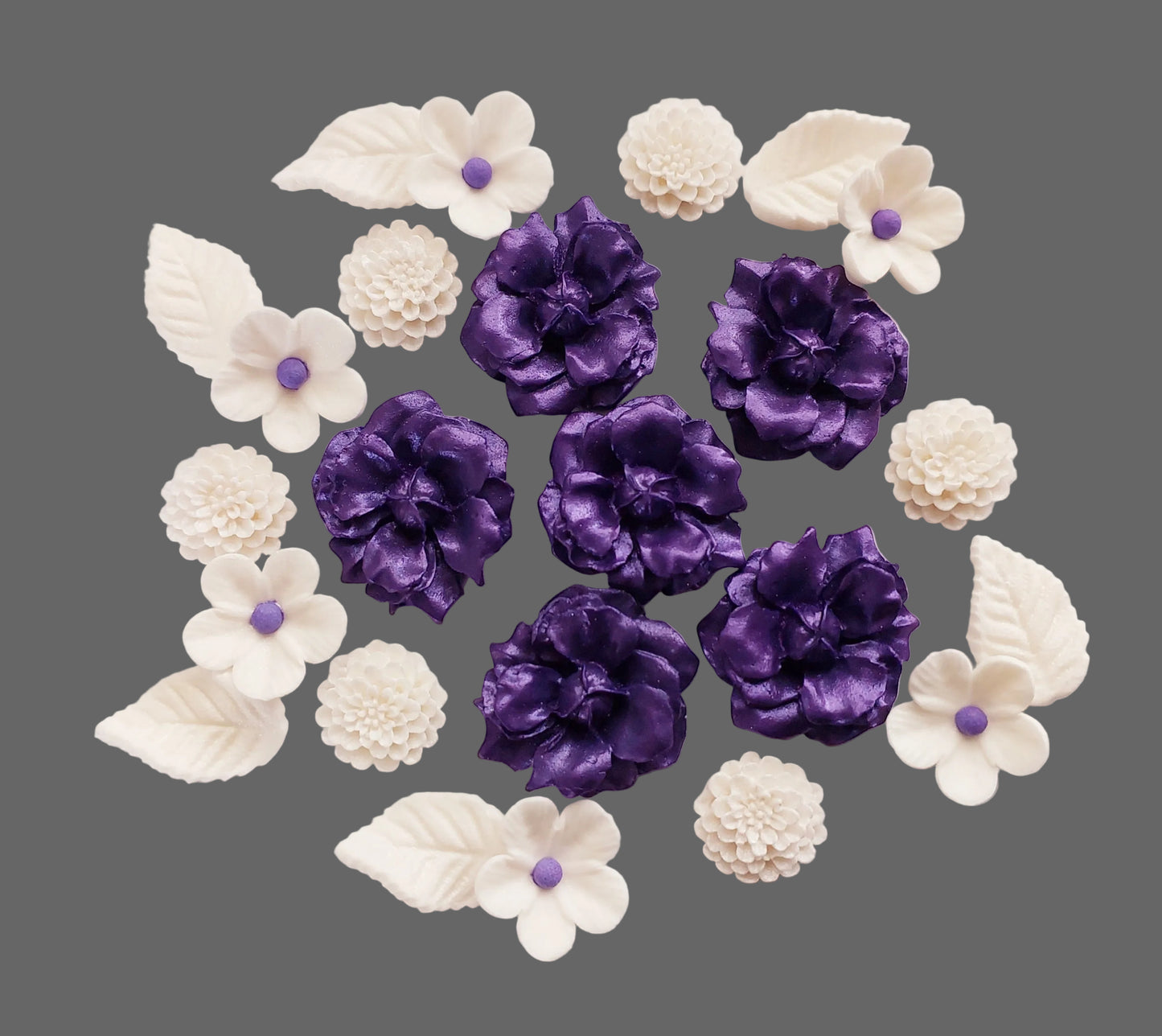 Flower arrangement in purple and white, edible fondant decorations by Cake Candy NZ